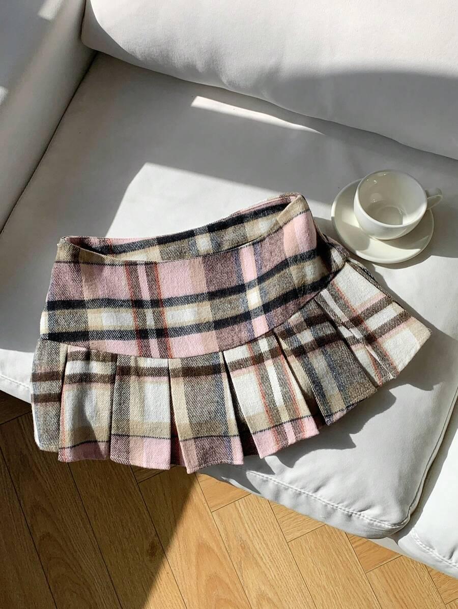 pink plaid wool blend pleated mini skirt