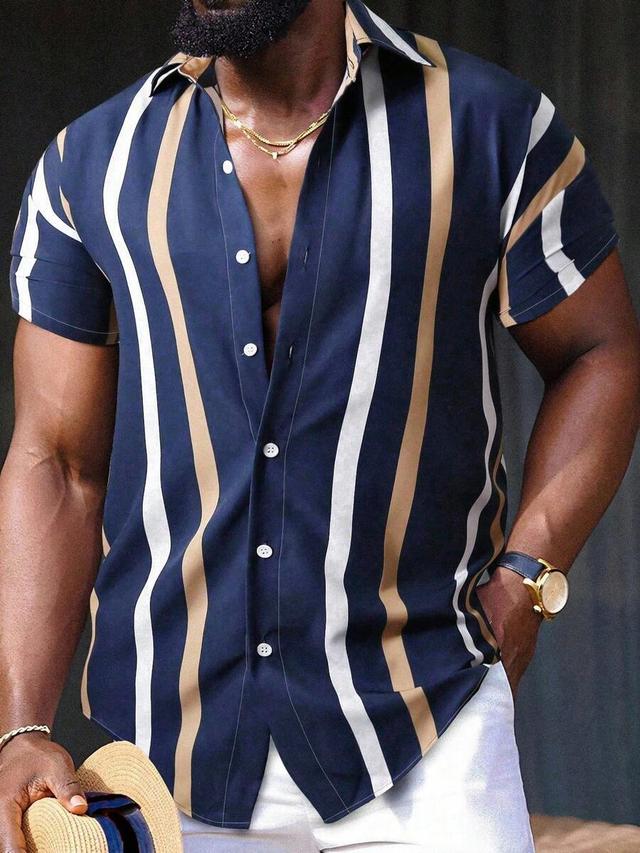 men's navy vertical striped short sleeve button up shirt