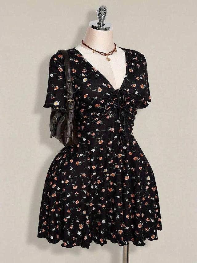 black floral print v-neck drawstring mini dress