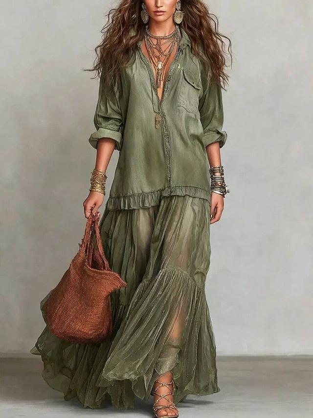 dark grey tiered maxi dress with shirt bodice