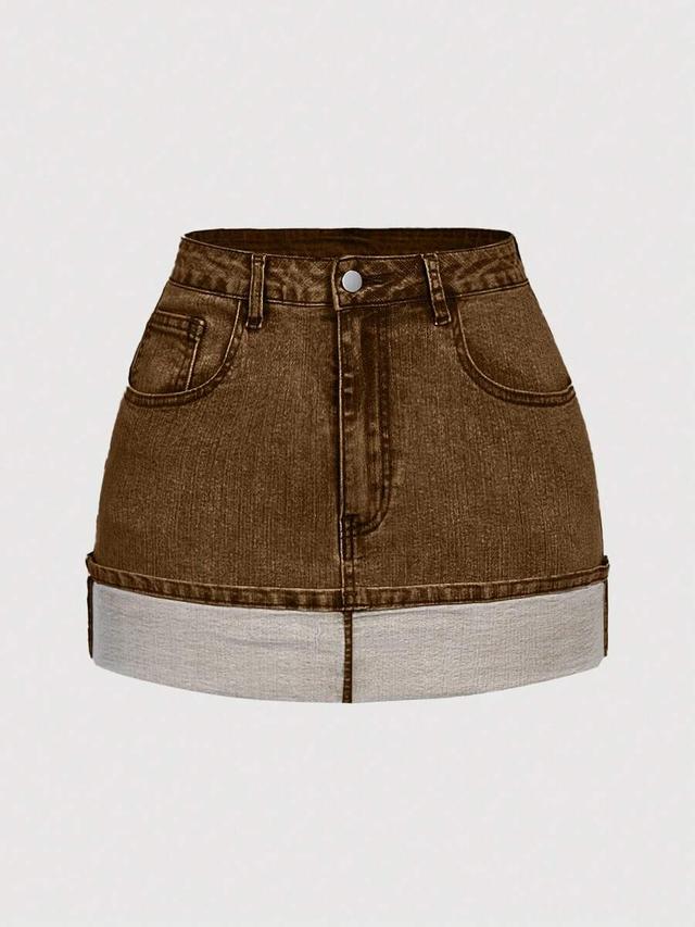 brown denim mini skirt with contrast cuff