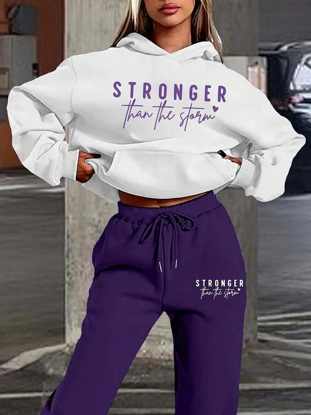purple oversized motivational graphic print hoodie and wide-leg pants set
