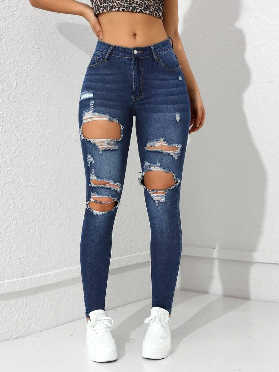 distressed dark wash skinny denim jeans
