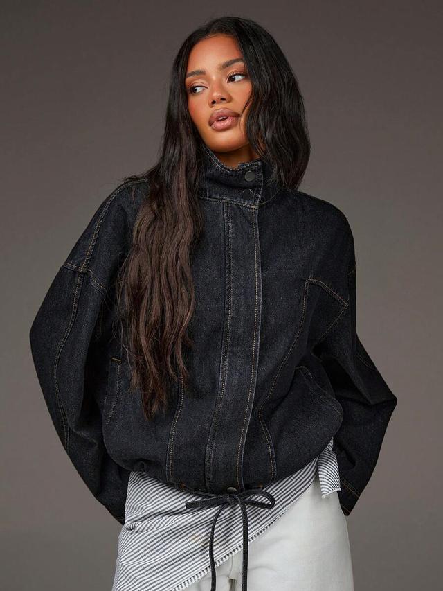oversized dark wash denim bomber jacket