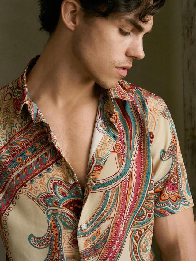 manfinity rebelgame paisley print short sleeve casual shirt