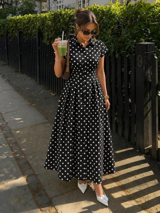 black and white polka dot button front shirt dress