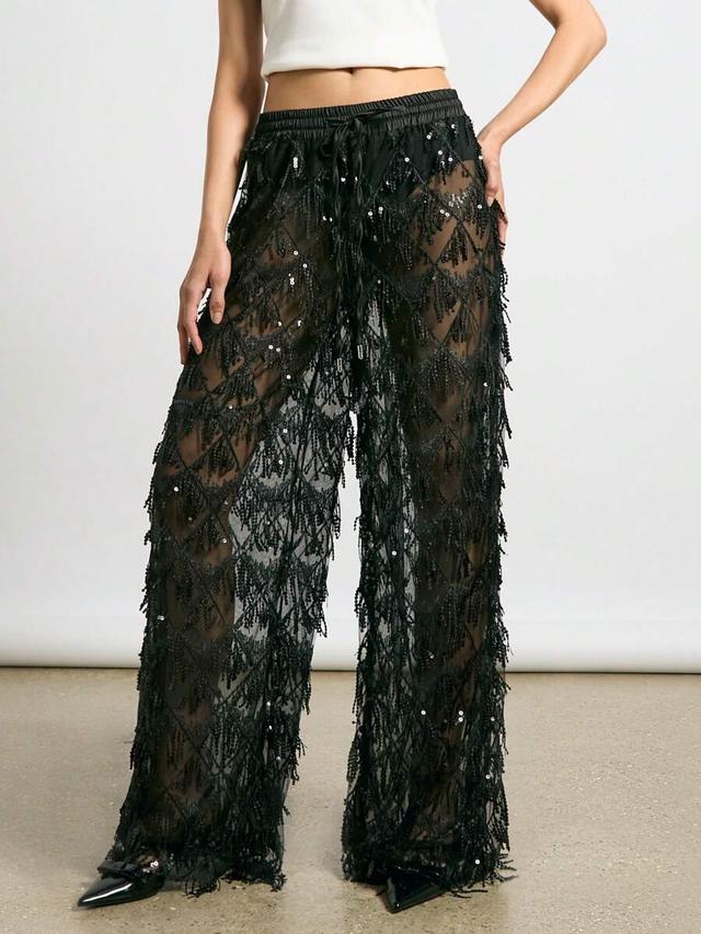 sheer sequin embellished wide leg fringe pants