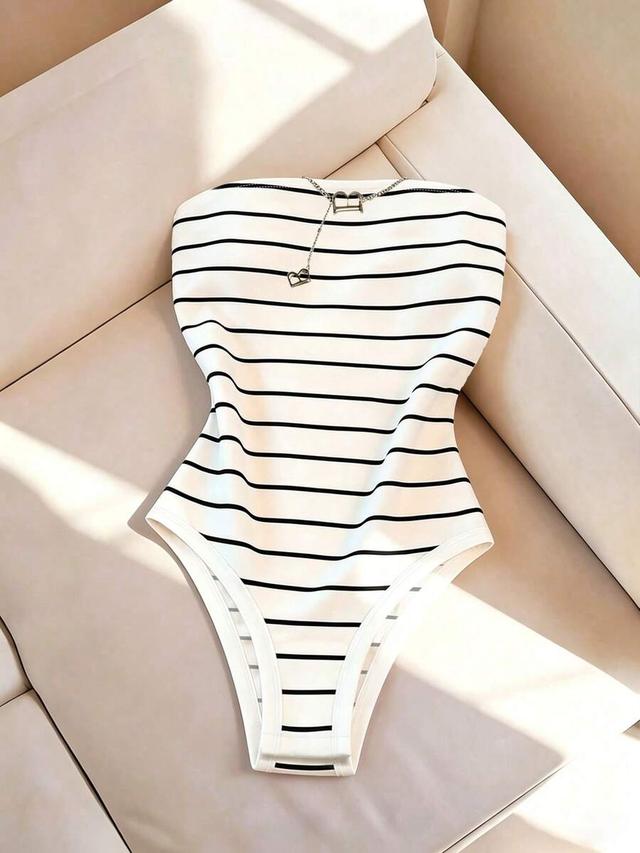 slim strapless striped white and black bodysuit