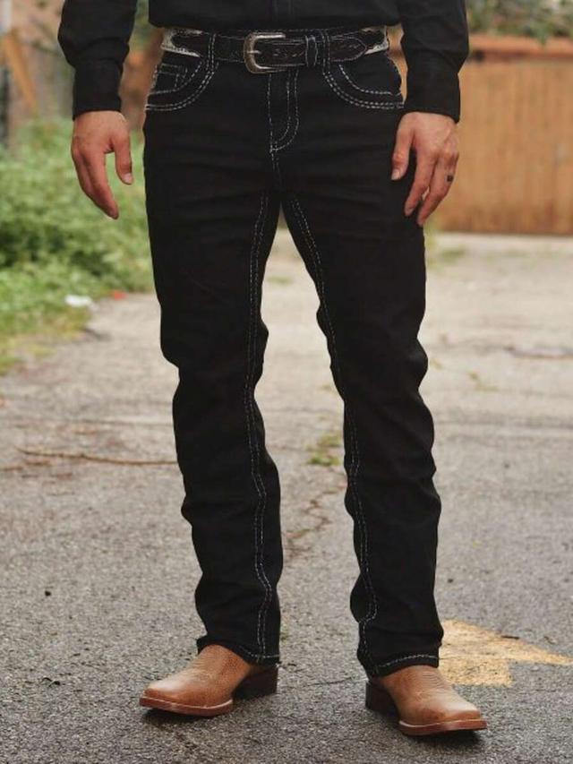 men's black slim fit denim jeans with contrast stitching