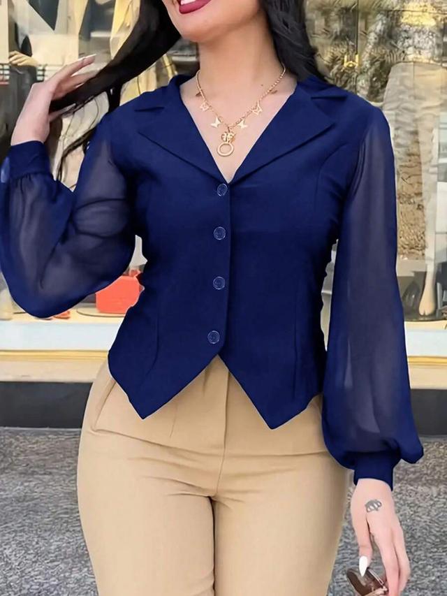navy blue lantern sleeve button down blouse