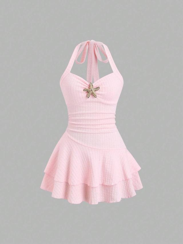 light pink textured halter neck ruched tiered ruffle dress