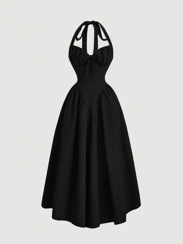black halter neck ruched bow swing dress