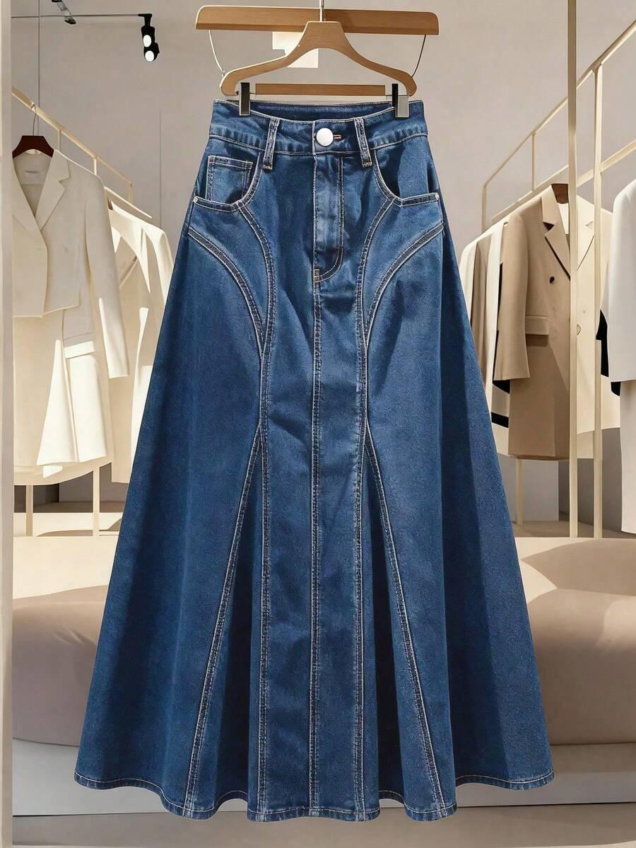 denim pleated midi skirt with contrast stitching