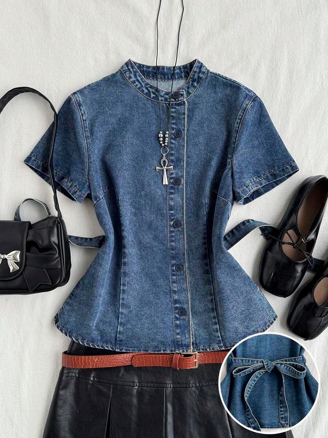 short sleeve tie waist denim blouse