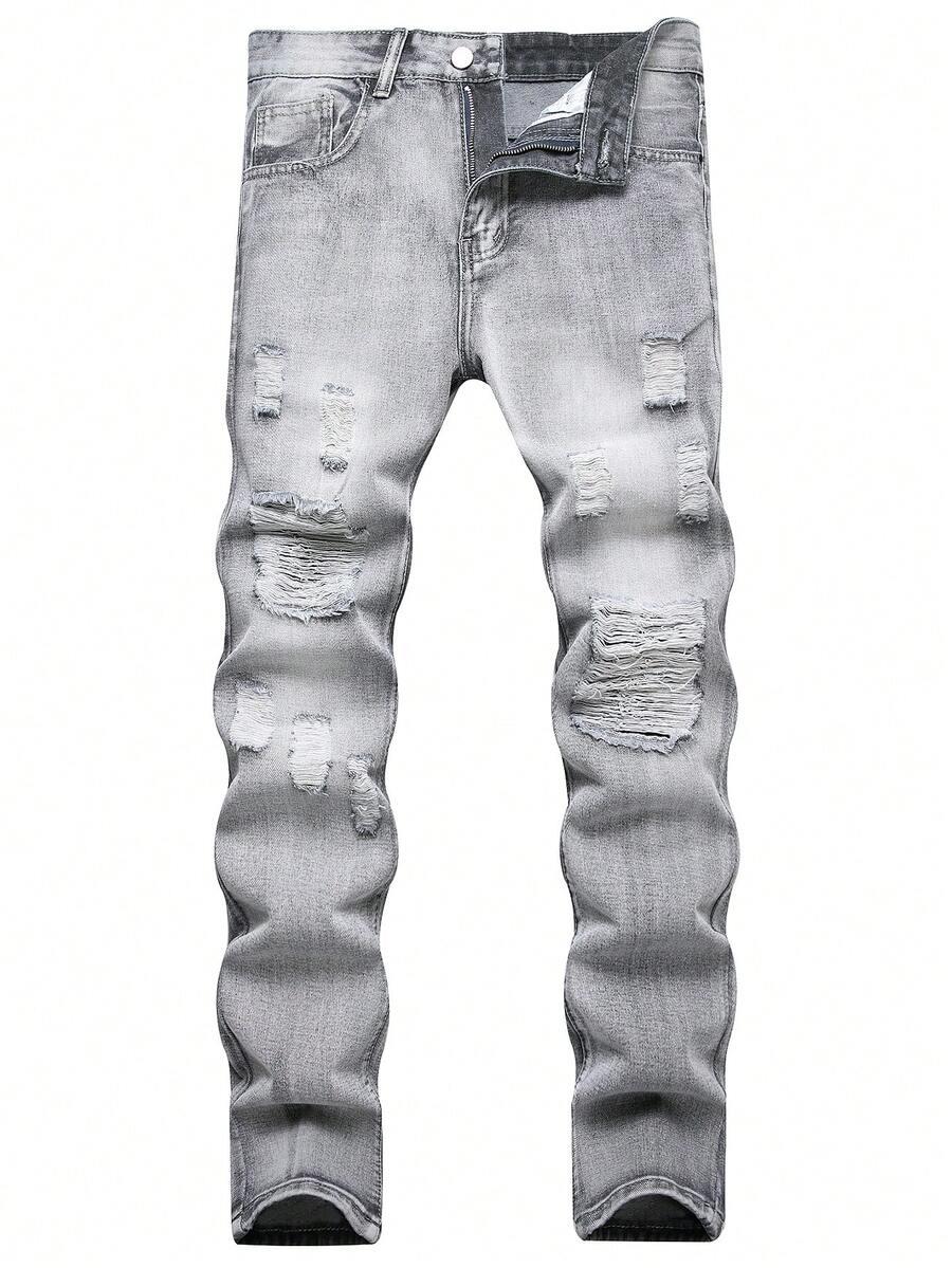 men's simple street casual light grey ripped jeans