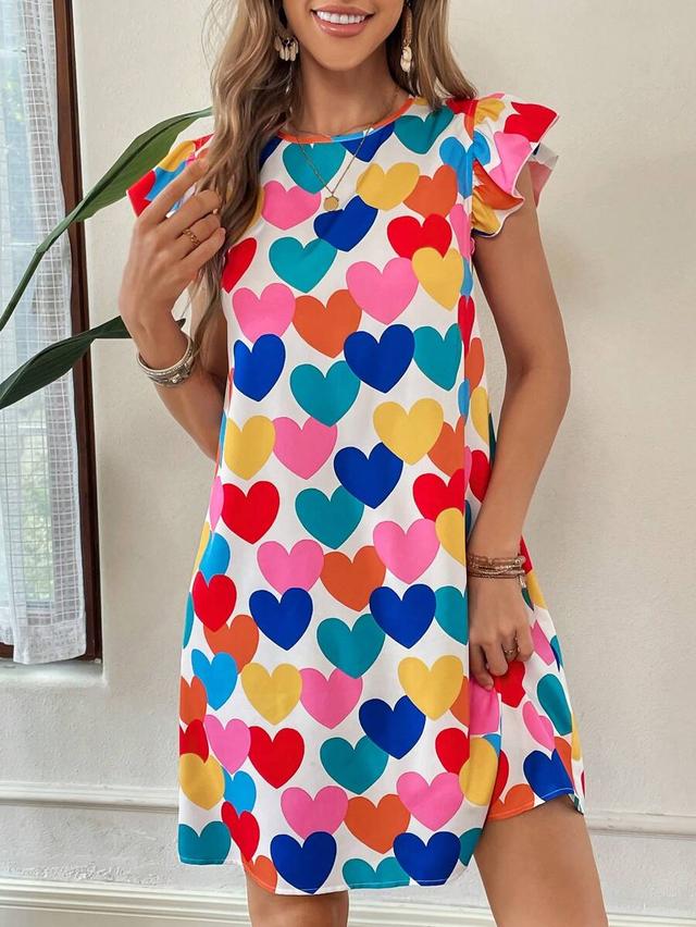 colorful heart print flutter sleeve shift dress