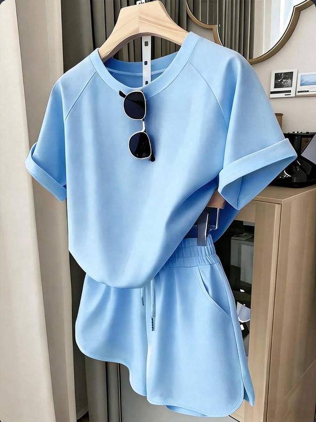 solid color round neck raglan sleeve casual set