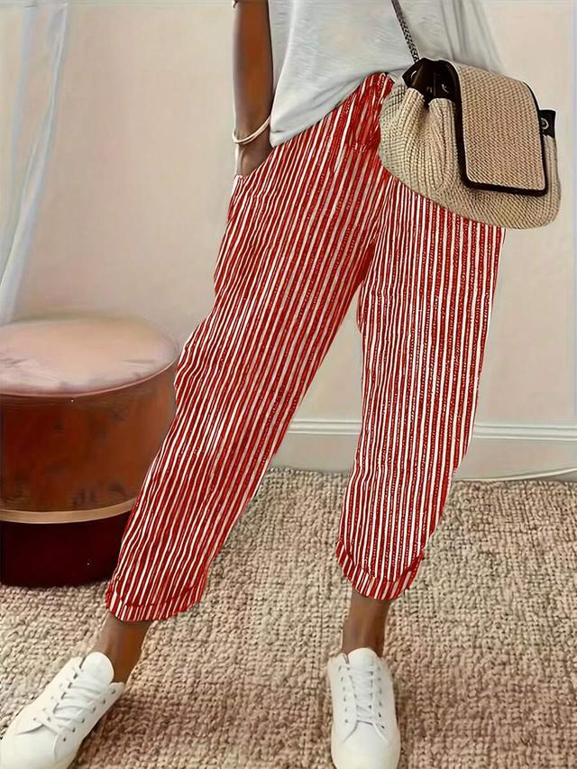 red and white vertical striped casual harem pants