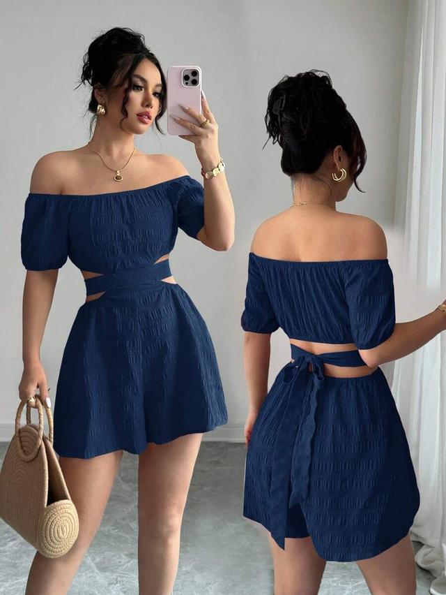 navy blue off the shoulder textured jumpsuit