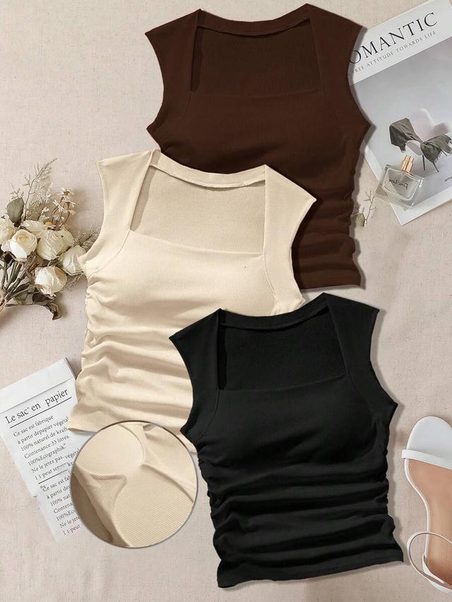 black square neck ribbed tank top with built-in bra