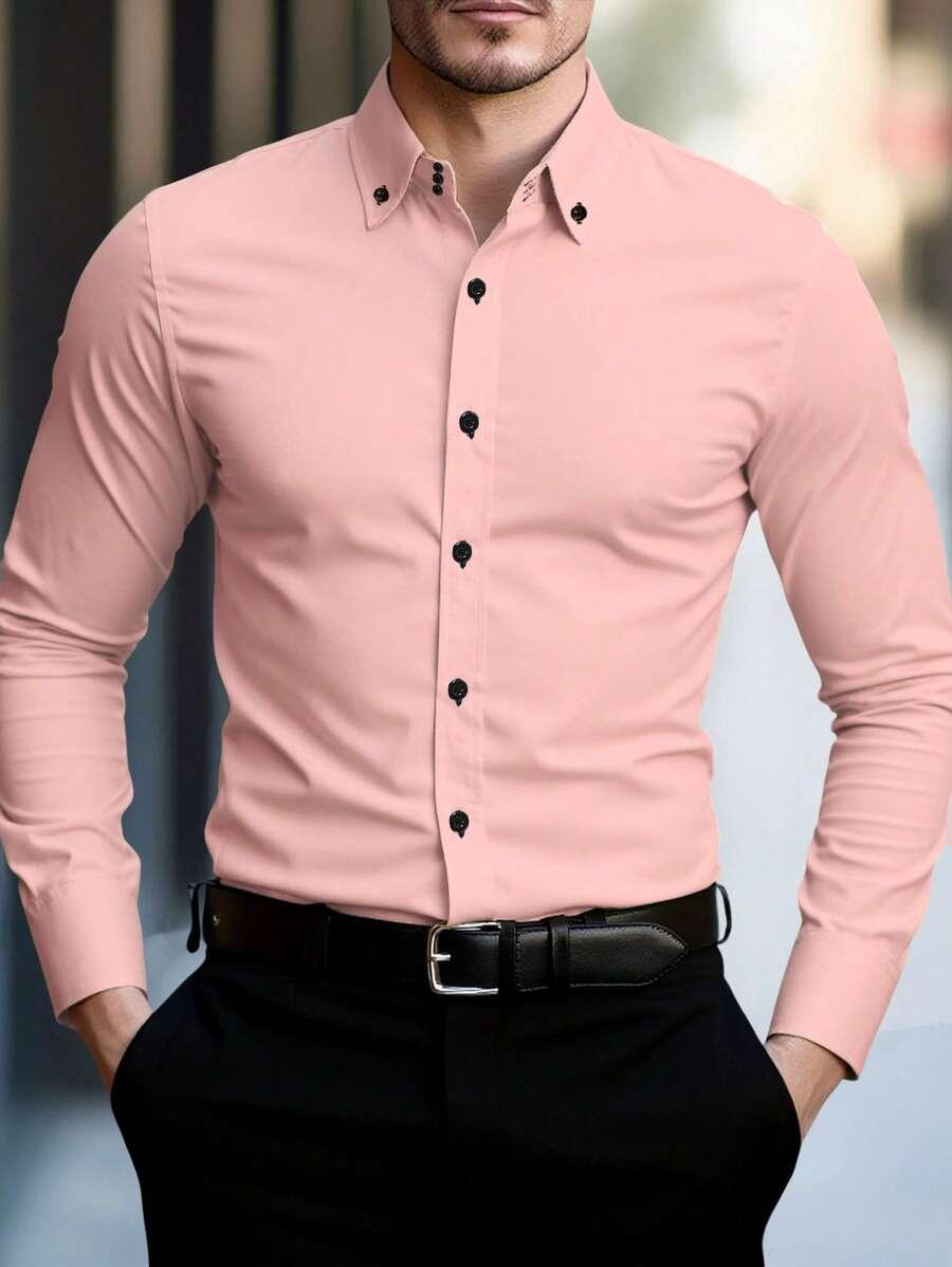 men's casual solid pink long sleeve button-down shirt