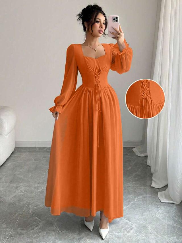 orange chiffon long dress with corset-style lace-up waist