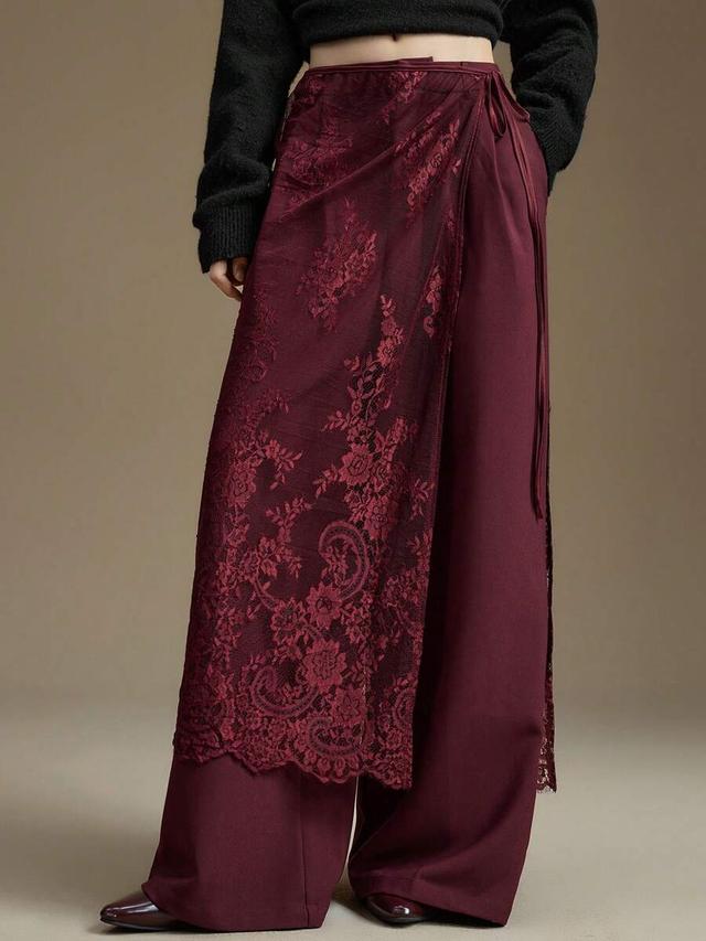 burgundy lace-up wrap skirt with floral lace overlay