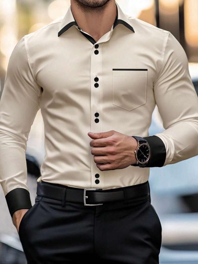 cream long sleeve shirt with contrast black binding