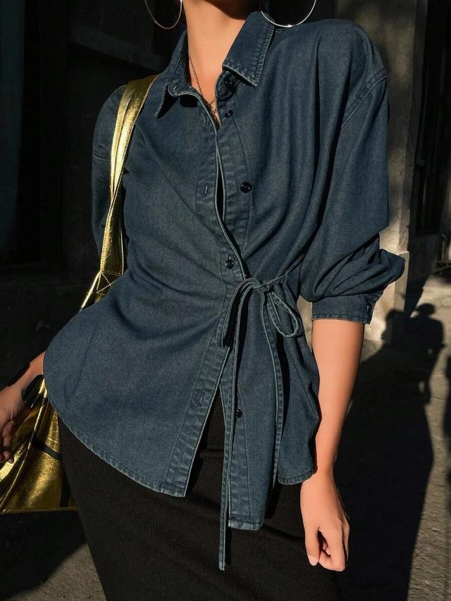 dark wash denim wrap shirt with tie waist