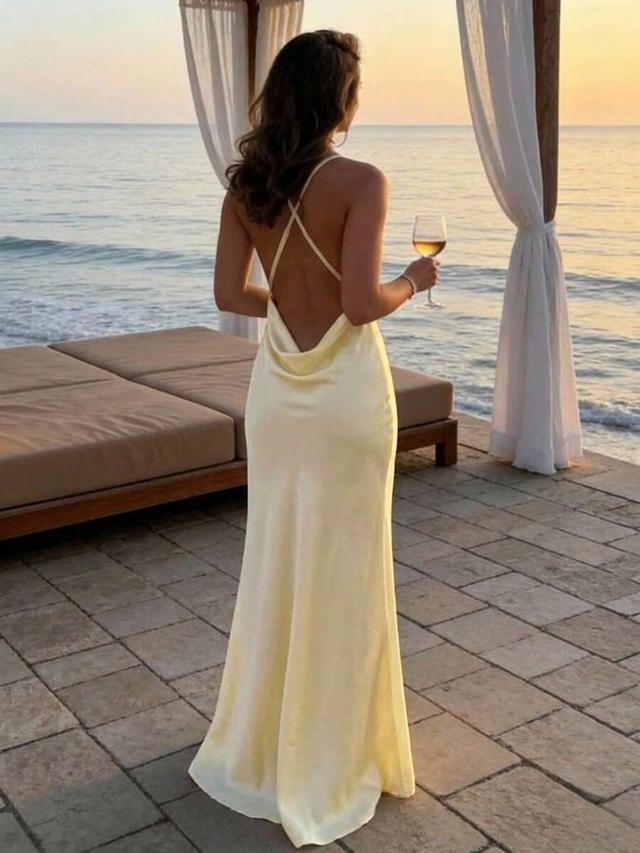 pale yellow cowl neck backless satin maxi dress