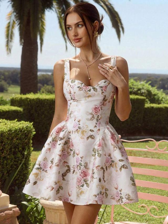 white rose print sweetheart neck mini dress
