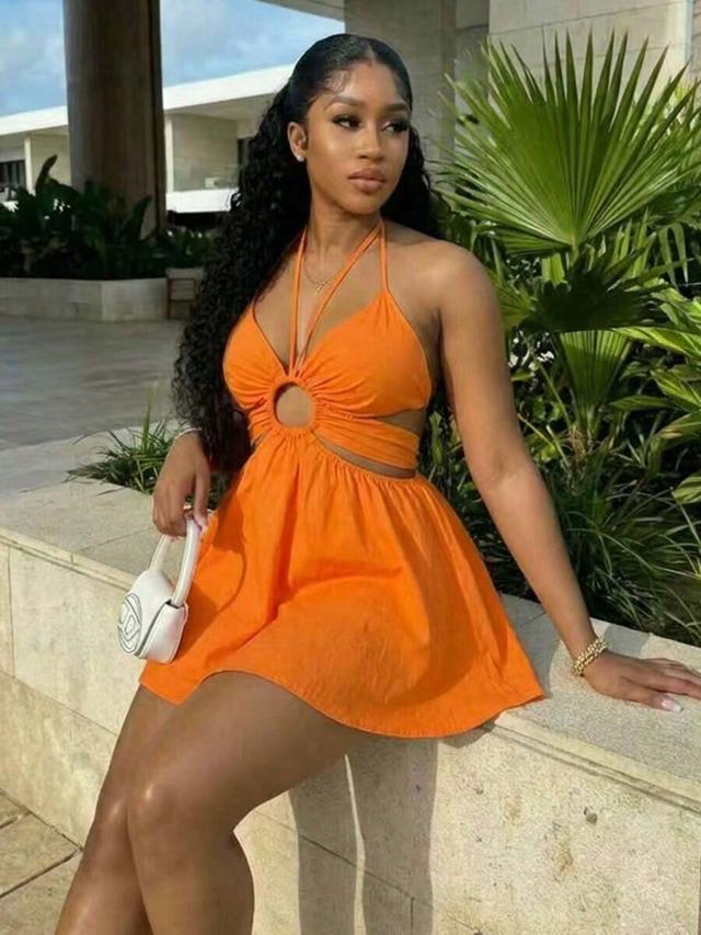 orange hollow neck sleeveless mini dress