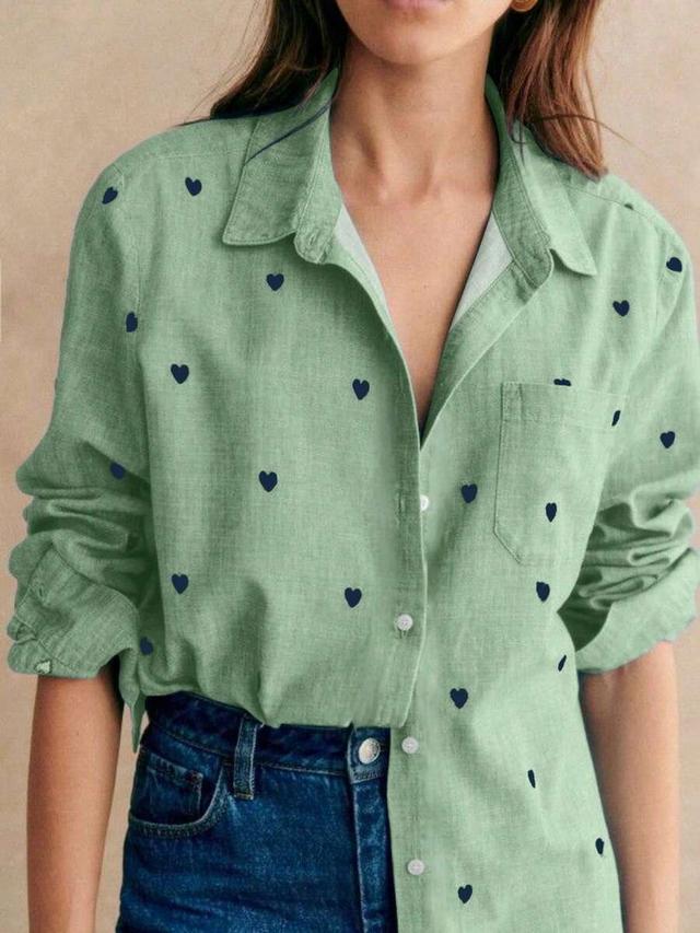 women's casual green heart print long sleeve shirt