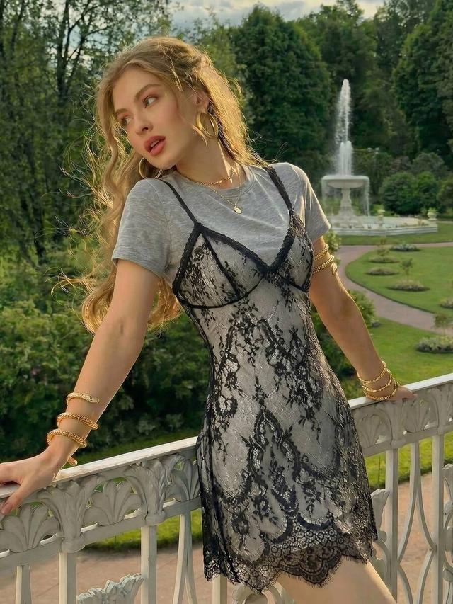 skyraze lace 2 in 1 round neck mini dress