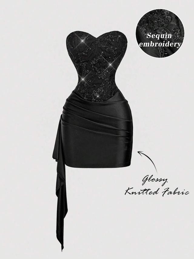 black beaded embroidery ruched mini dress