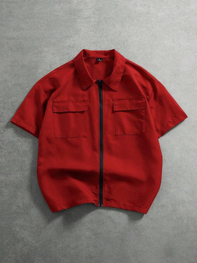 red solid color short sleeve zip-up shirt