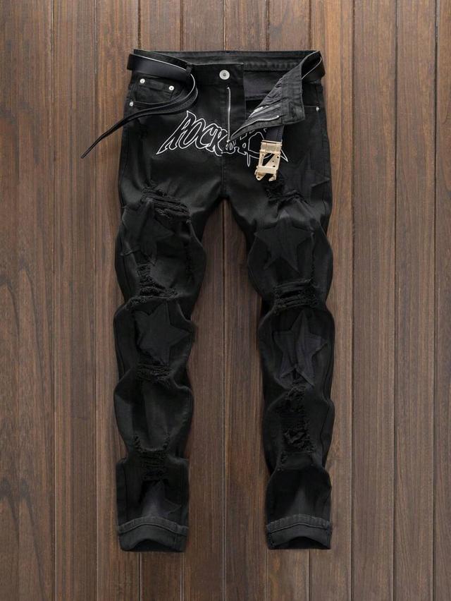 men's black star embroidery ripped casual jeans