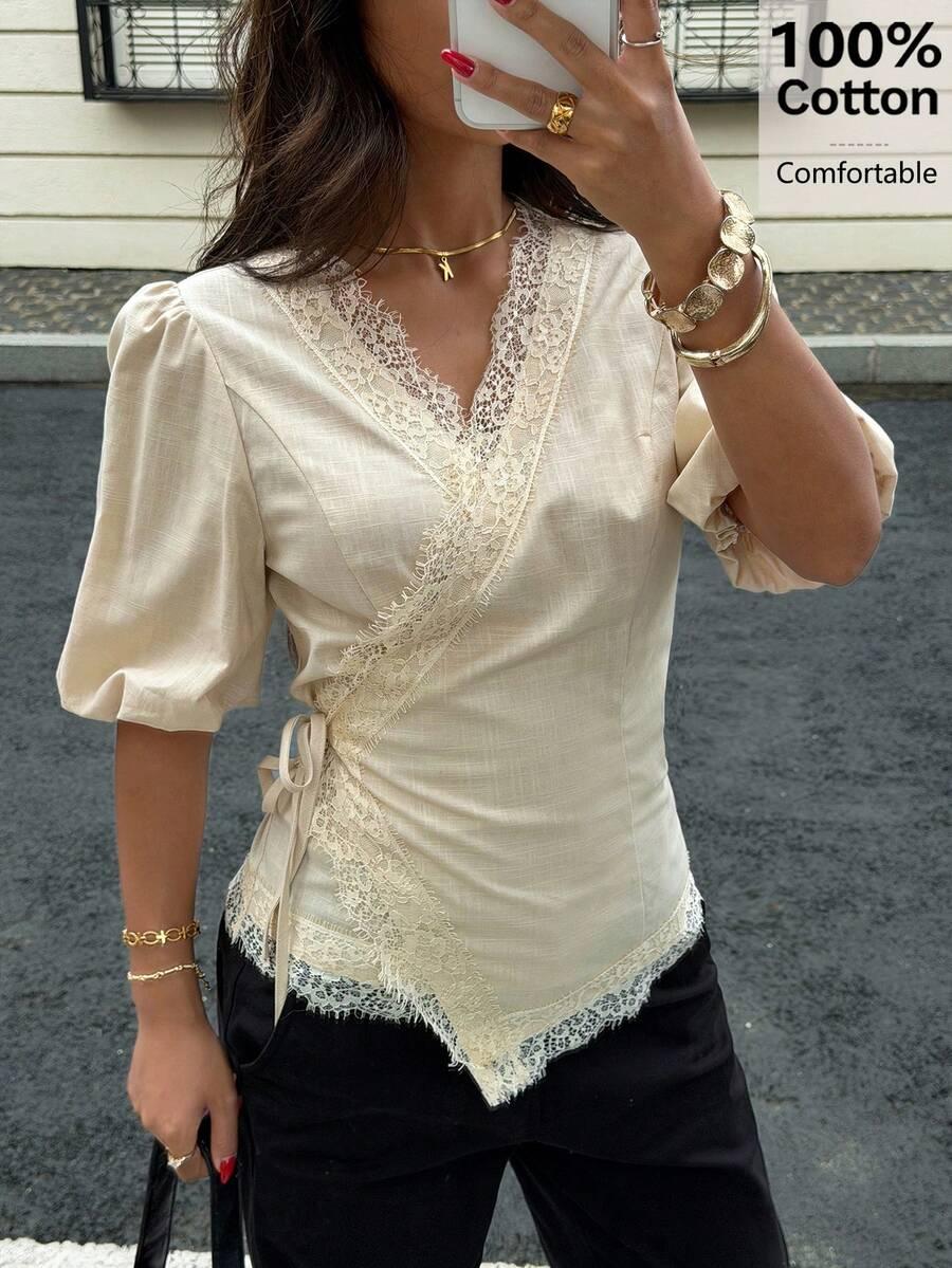 siren gaze cotton puff sleeve wrap shirt with lace