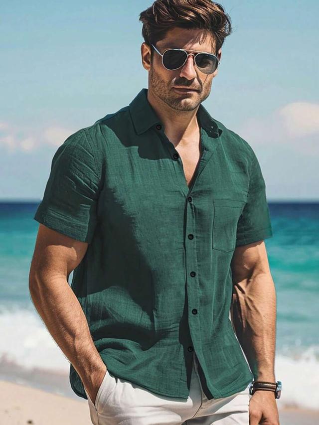 men's solid olive green short sleeve casual shirt