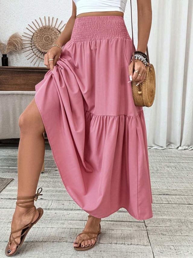 women's long pink floral ruffle hem a-line skirt