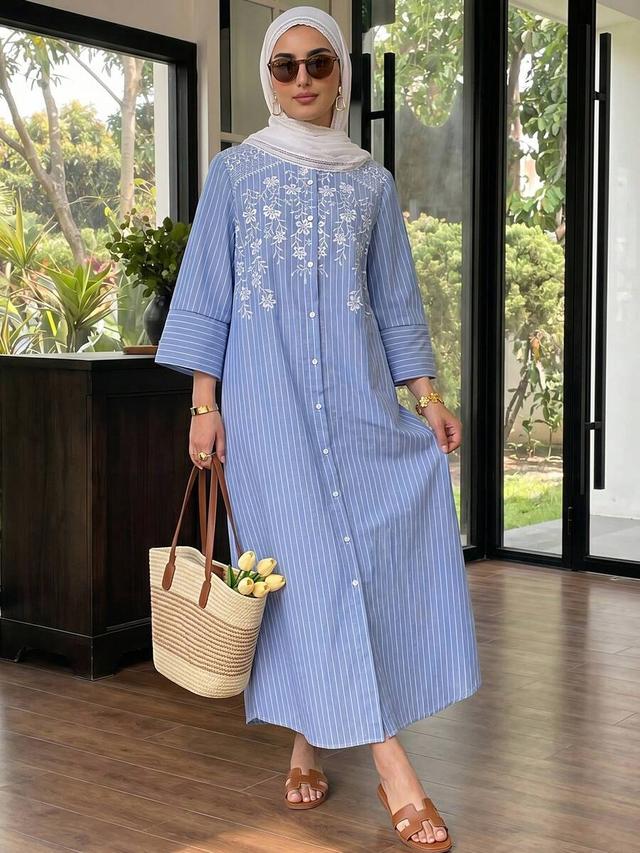 casual blue and white striped cotton embroidered dress