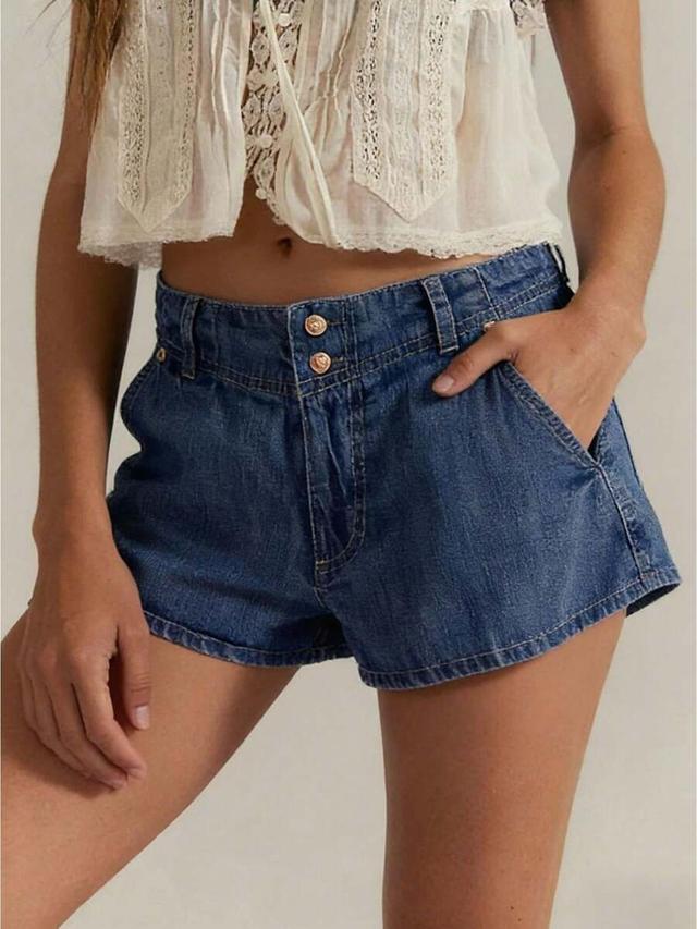 high waisted medium wash denim shorts with gold buttons