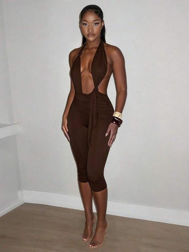 brown neck lace-up knot halter cropped jumpsuit