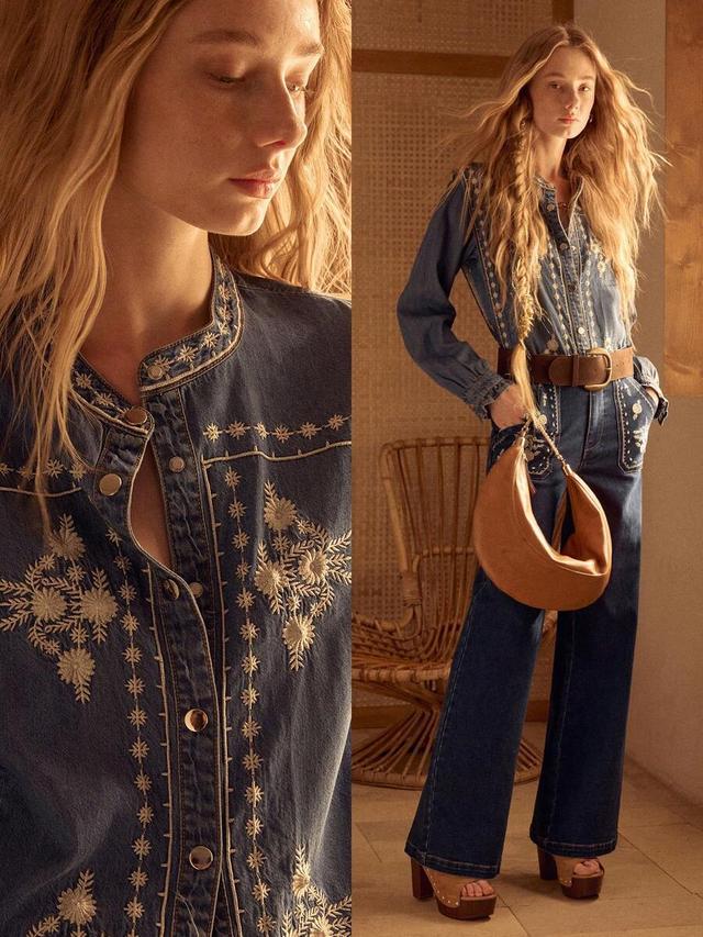 embroidered denim ruffle sleeve loose blouse