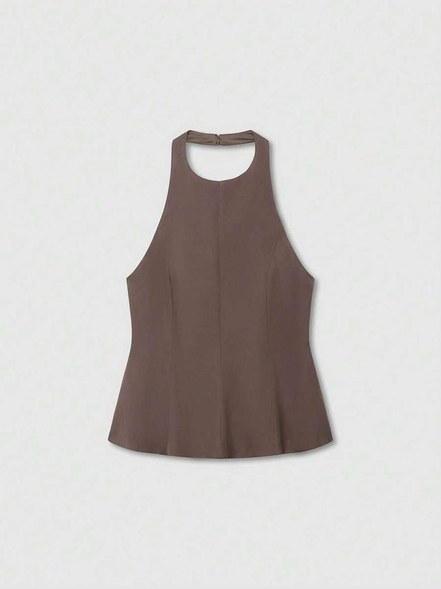 solid brown halter neck sleeveless peplum top