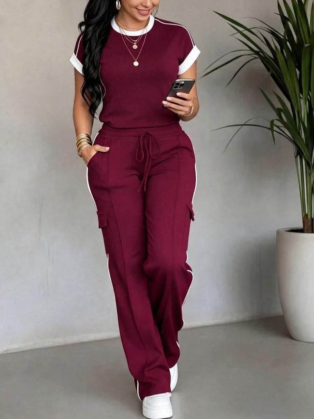 burgundy drawstring cargo trousers with white side stripe