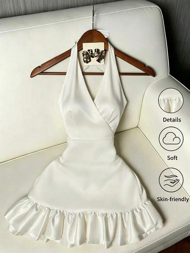 white satin halter neck ruffle waist mini dress