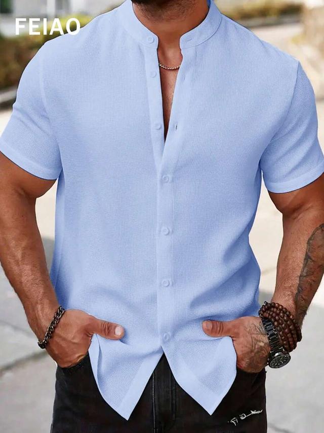 sky blue waffle knit short sleeve polo shirt