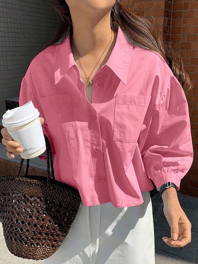 solid pink single-breasted loose cotton blouse