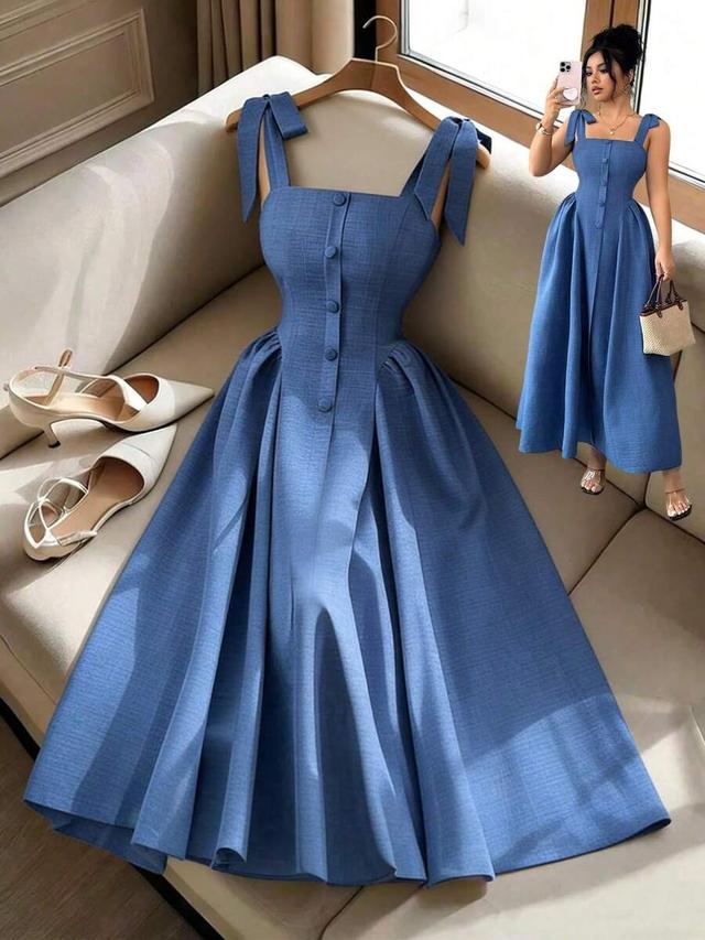 blue textured cotton midi dress with tie straps